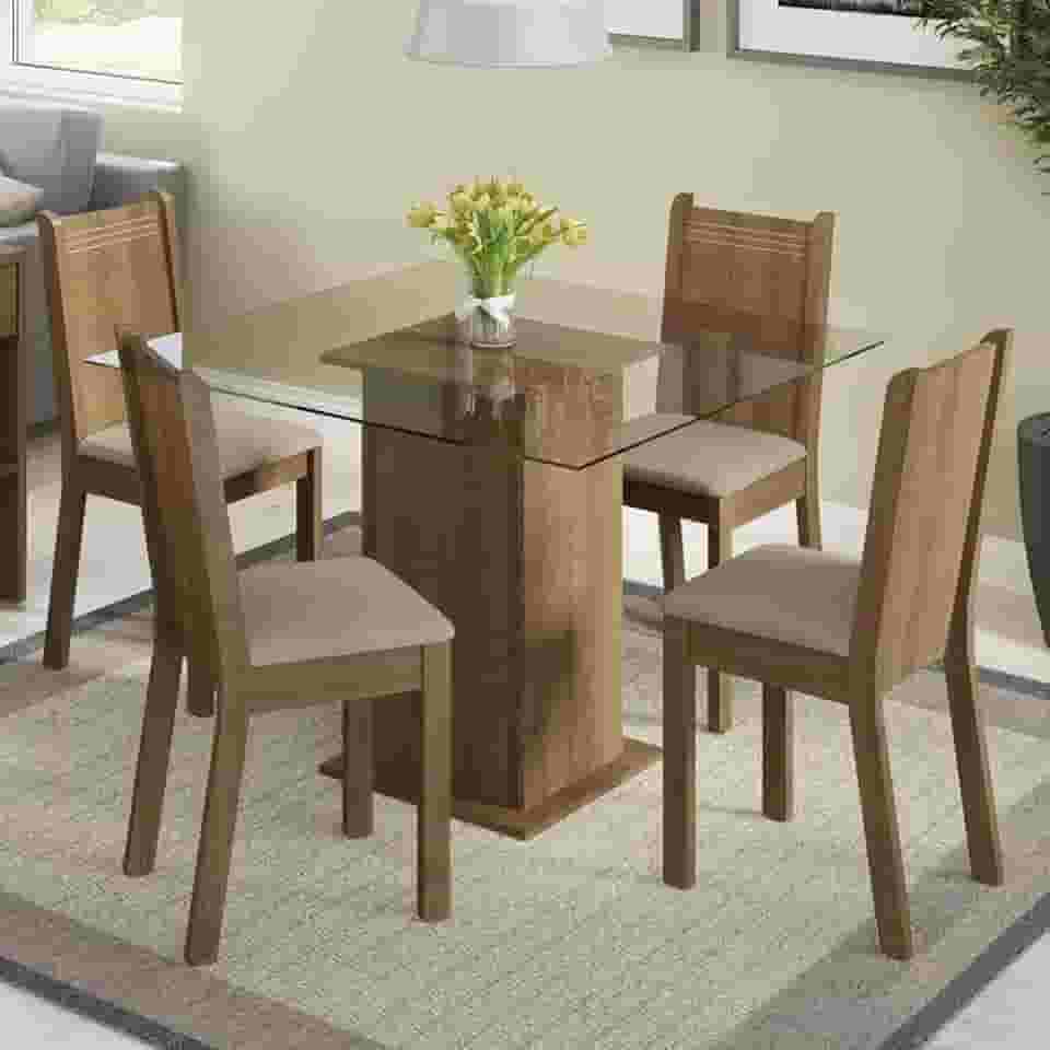 Conjunto Sala de Jantar Madesa Magda Mesa Tampo de Vidro com 4 Cadeiras - Rustic/Pérola