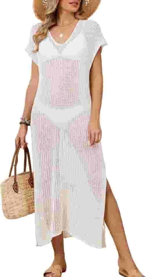 Saída de praia feminina de manga curta longa com fenda lateral solta para praia