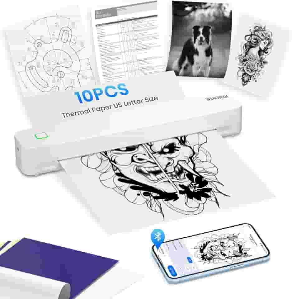 Impressora portátil, impressoras portáteis sem fio para viagens, com 10 peças de papel térmico dobrado, bluetooth térmica sem tinta, suporte para impressora pequena, 21,6 cm x 28 cm, carta e