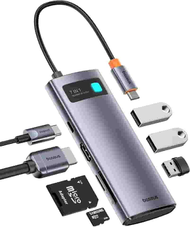 Baseus Adaptador USB C para HDMI, estação de ancoragem USB C 4K a 60Hz, hub USB C 7 em 1 com 3 USB-A, PD 100W, leitor de cartão TF/SD, compatível com iPhone 15/Mac/Dell/Acer/HP/ASUS/Steam Deck/Rog