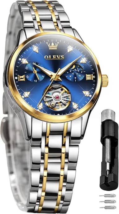 Feminino Relógio Automático Luxo Diamante Vestido de Corda Automática Relógio de Pulso Fase Da Lua Aço Inoxidável À Prova D'Água Luminoso Mostrador Azul Reloj para Mujer (Azul)