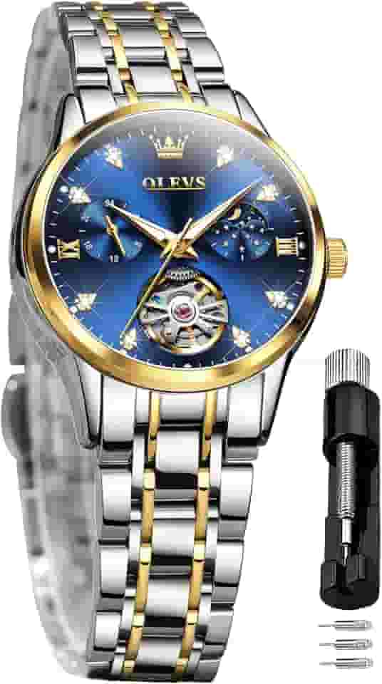 Feminino Relógio Automático Luxo Diamante Vestido de Corda Automática Relógio de Pulso Fase Da Lua Aço Inoxidável À Prova D'Água Luminoso Mostrador Azul Reloj para Mujer (Azul)