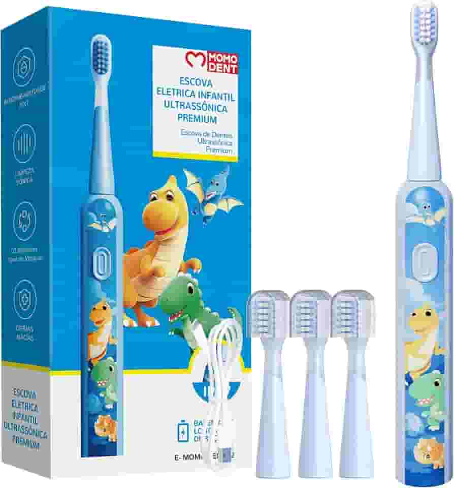 MOMODENT Escova Elétrica Infantil, Cerdas Extra Macias, 3 Modos de Vibração, 3 Cabeças Substituíveis, IPX7 à Prova D'Água, Recarregável, para Crianças de 3 a 12 Anos (Azul)