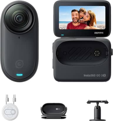 Câmera de vlogging Insta360 GO 3S preta portátil minúscula de 128 GB 4K, POV sem usar as mãos, monte em qualquer lugar, estabilização, bateria que dura 140 minutos, impermeável até 10 m, POV de pets