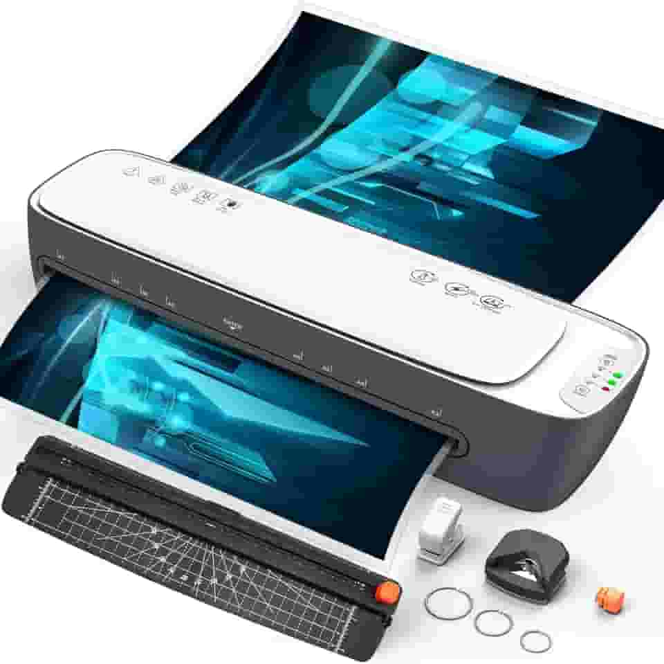 QFUN Plastificadora e Laminadora A3 Silenciosa para Casa, Escola e Pequenos Negócios, Emplastificadora Multifuncional com Corte, Canto Arredondado e Painel Touch, Branco, 220V