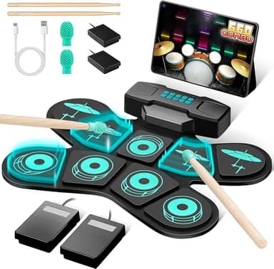 ANVAR Kit de bateria eletrônica portátil VD-SJG,Eletrônica Portátil com 9 Pads Sensíveis, Alto-falantes Duplos, Conexão MIDI e 4h de Bateria - Ideal para Iniciantes, Prática em Casa e Presente Musical