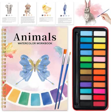 Livro de exercícios em aquarela - Kit de pintura para iniciantes, livros de aquarela para adultos com tinta de 24 cores, presente de exploração para adultos e adolescentes (animais)