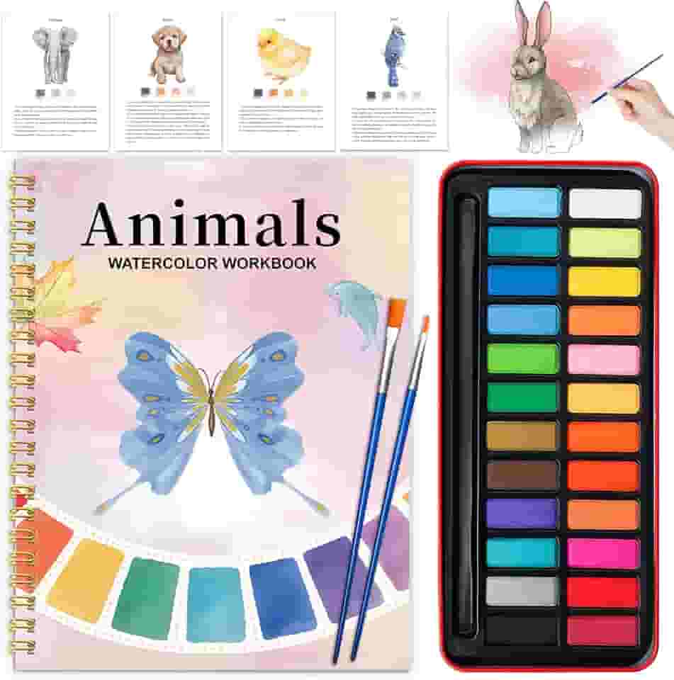 Livro de exercícios em aquarela - Kit de pintura para iniciantes, livros de aquarela para adultos com tinta de 24 cores, presente de exploração para adultos e adolescentes (animais)