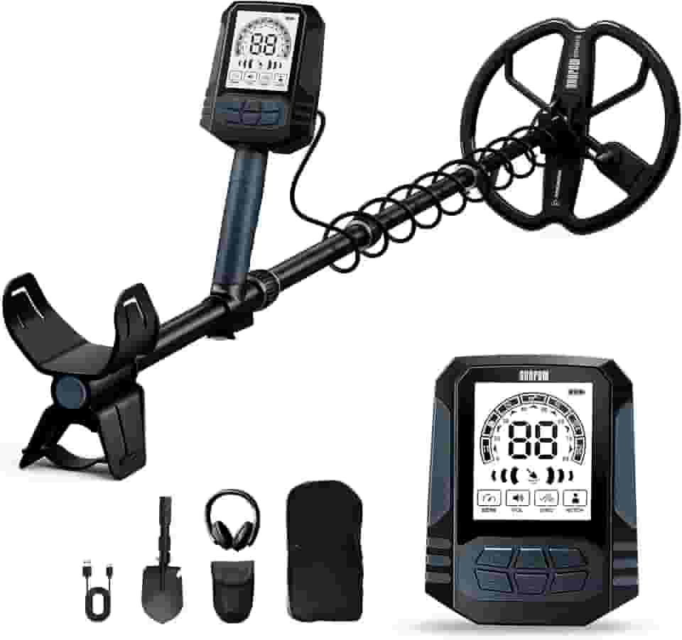 SUNPOW Detector de metais recarregável para adultos - bateria de lítio de 2500 mAh para uso 35H - Detector de ouro à prova d'água com bobina D dupla de 25 cm de profundidade, 4 modos profissionais