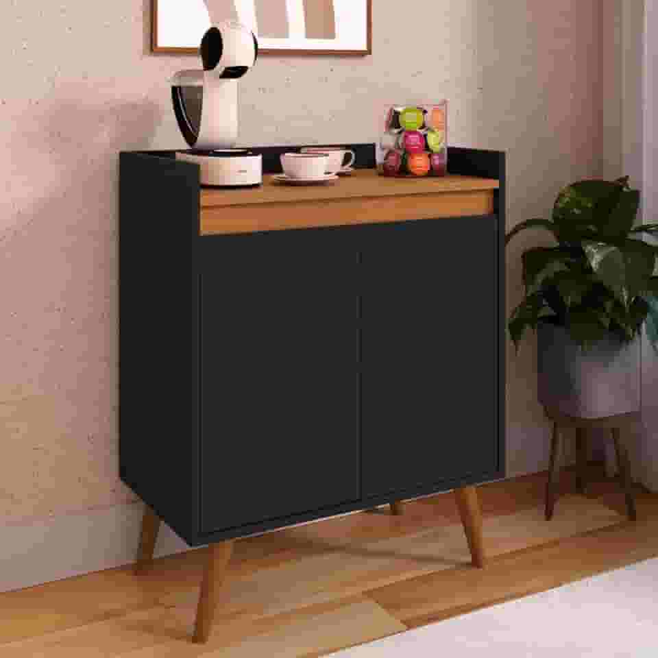 Armário Aparador Cantinho Do Café 2 Portas Com Prateleira Retrô (Preto/Freijó)