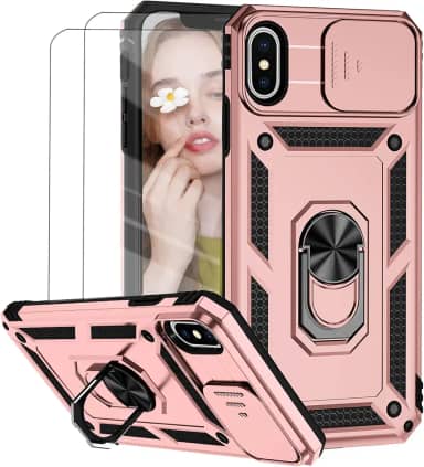 Capa para iPhone X e iPhone XS Capinha | com 2 peças de protetor de tela temperado com janela deslizante da câmera e suporte para telefone incluídos - Rosa