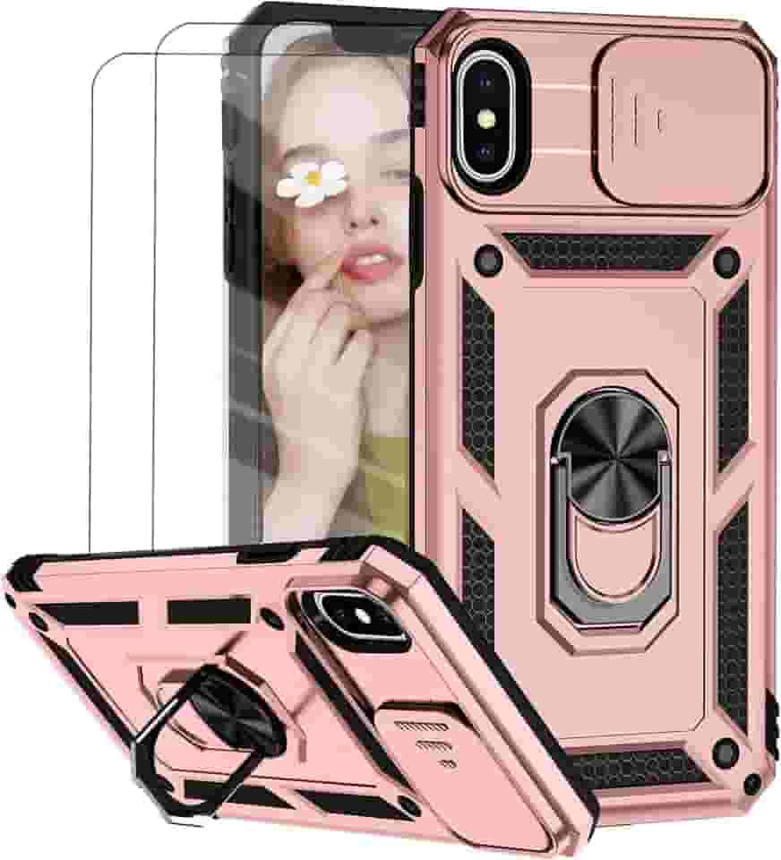 Capa para iPhone X e iPhone XS Capinha | com 2 peças de protetor de tela temperado com janela deslizante da câmera e suporte para telefone incluídos - Rosa
