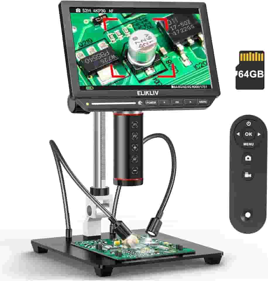 Elikliv Microscópio digital de foco automático 4K EM4K-AF, microscópio de solda de 52 MP para reparo de PCB, inspeção de moedas e relojoaria, lente de ampliação 2000X, tela IPS de 8 polegadas, saída