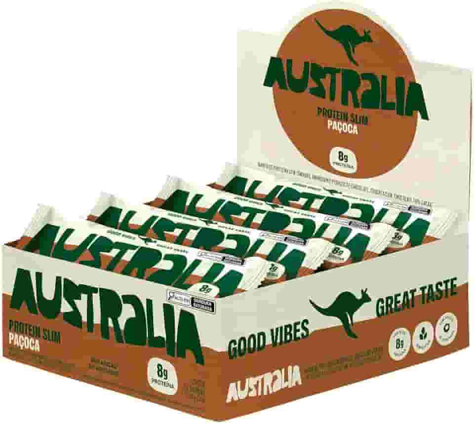 Australia Protein Slim Paçoca, Barra de Proteína com 8g de Proteína, Sem Adição de Açúcares, Sem Glúten, Display com 12 unidades
