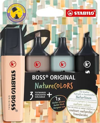 Marca Texto – STABILO BOSS ORIGINAL NatureCOLORS – Estojo com 4 unidades – Beige, Warm Grey, Earth Green, Preto
