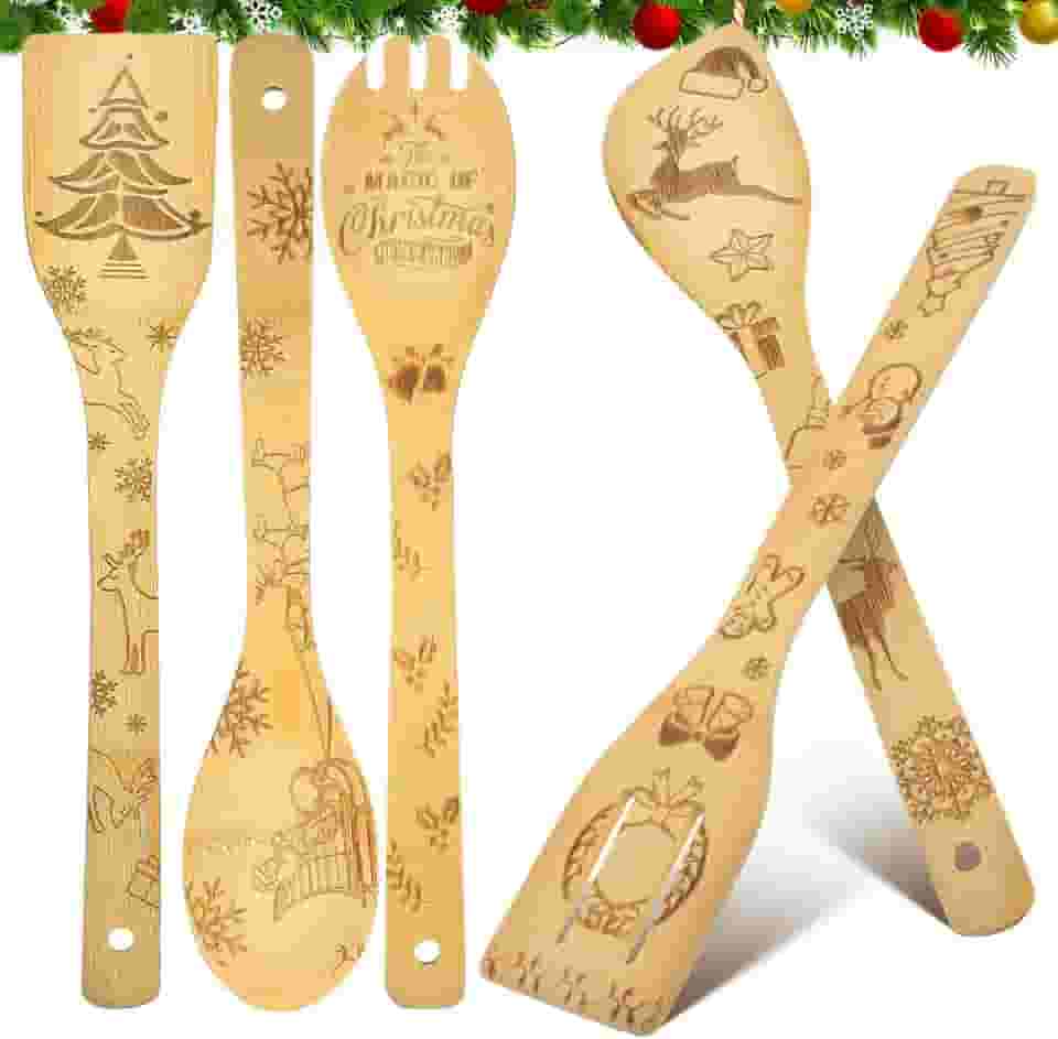 Healifty 5 peças de utensílios de cozinha de bambu: colheres e espátulas de bambu resistentes ao calor para cozinhar - utensílios de cozinha antiaderentes para presentes de Natal e férias