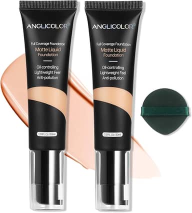 Anglicolor Base corretiva de controle de óleo fosco, 2 peças, maquiagem de base macia e duradoura à prova d'água, cobertura total, base de corretivo forte para pele oleosa com acne (2 peças 103, 60 ml
