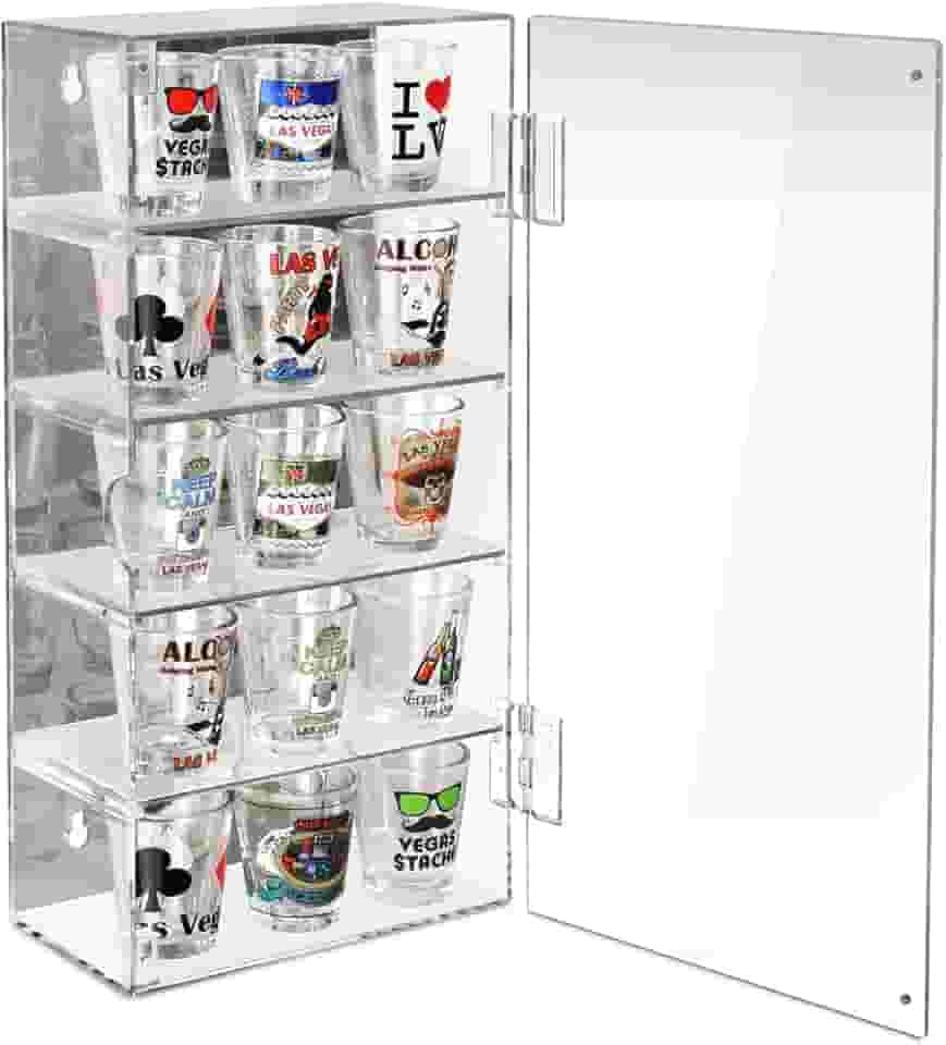 Ikee Design Vitrine de Acrílico Traseira Espelhada com Porta, Vitrine de Coleção Ajustável de 5 Níveis para Mini Figuras Funko Pop e Muito Mais, Independente Ou Montada Na Parede, Transparente