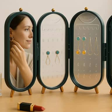 Porta Joias Verde Compacto e Portátil com 153 Furos Para Brincos, 21 Slots Para Colares, Presente Feminino, Porta Joias Organizadora Com Espelho Interno, Acabamento Moderno e Versátil