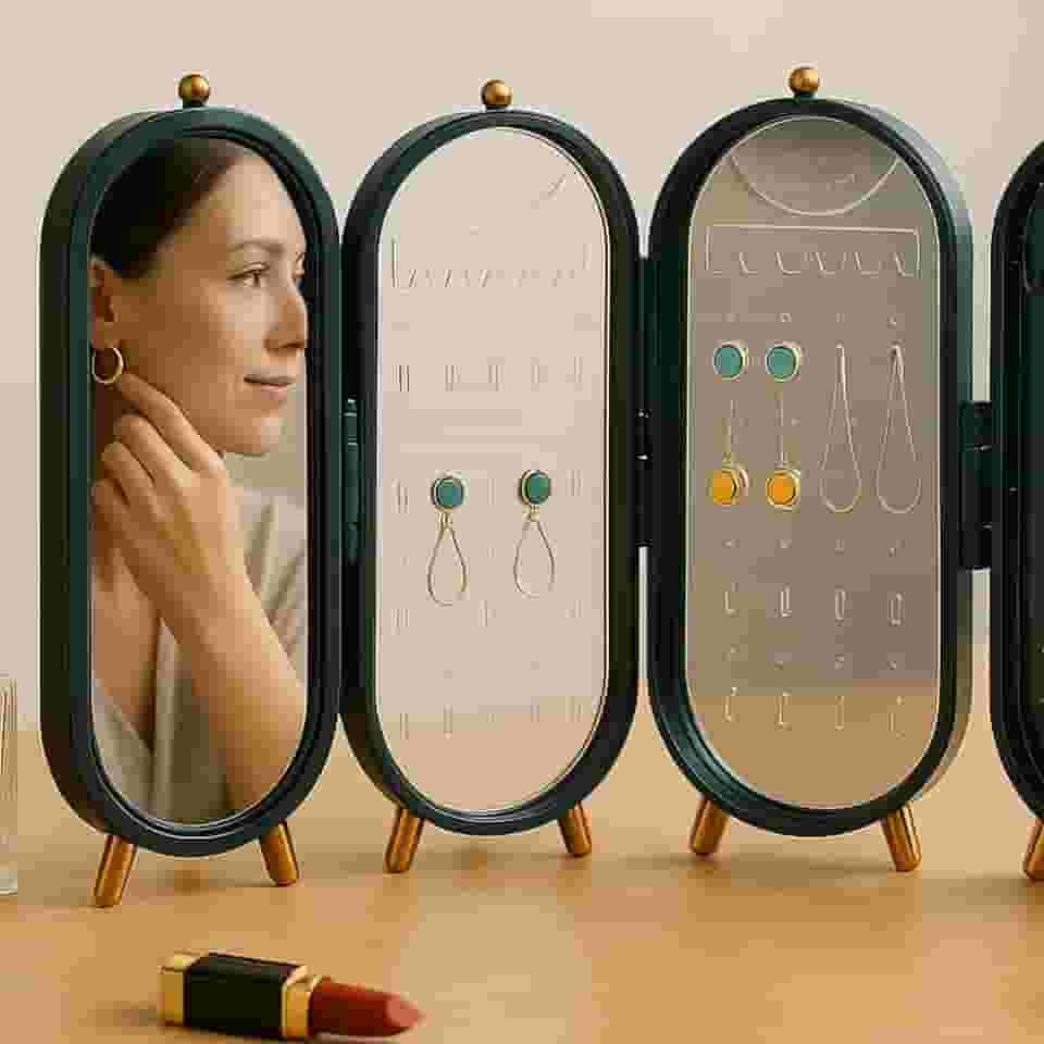 Porta Joias Verde Compacto e Portátil com 153 Furos Para Brincos, 21 Slots Para Colares, Presente Feminino, Porta Joias Organizadora Com Espelho Interno, Acabamento Moderno e Versátil