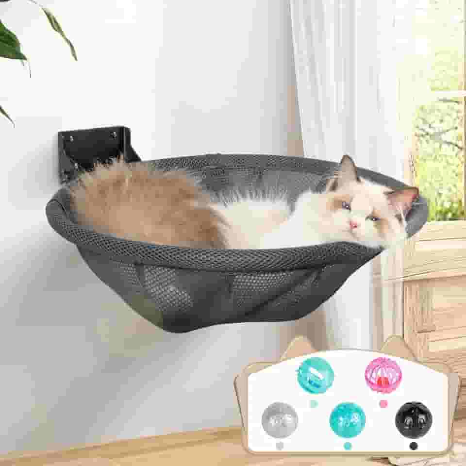 Rede para Gatos Montada na Parede, Cama Dobrável e Estável - Prateleira de Parede Respirável para Gatos, para Dormir, Brincar, Escalar e Descansar - Cinza, Metal e Malha, até 13,6 kg