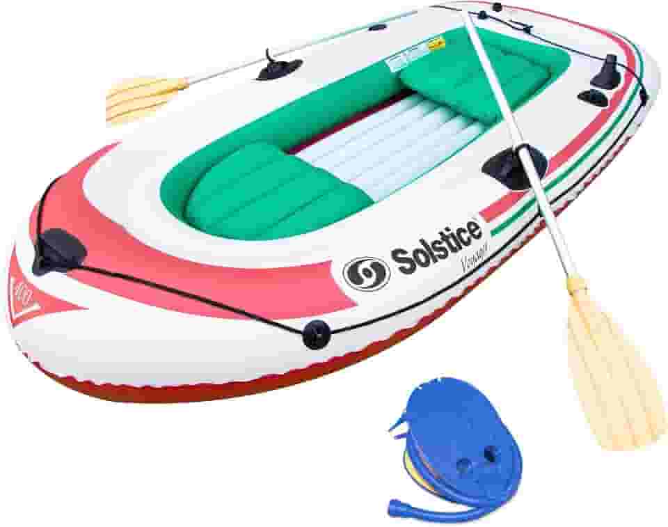 Solstice Barco inflável para lagos, rios e praias – Jangada resistente com travas giratórias, suportes de vara e assentos infláveis – Voyager, pesca, kit completo inclui remos e bomba, 4 pessoas