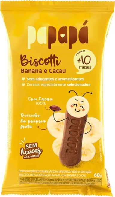 Papapá, Biscoito infantil, Biscotti, Sabor Banana & Cacau, 60g, Amarelo