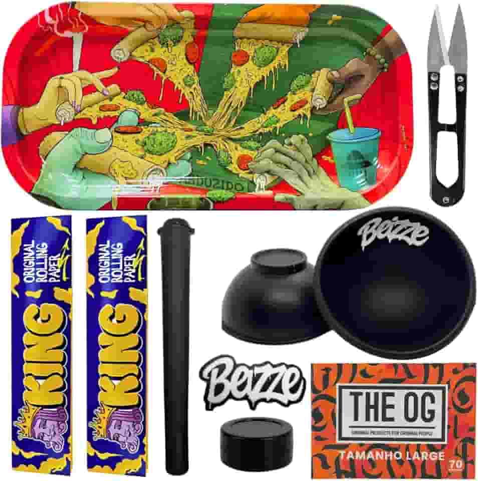 Kit Tabacaria Headshop 8 itens Bandeja de Metal Tesoura Sedas Cuia Slick Piteiras Mocó