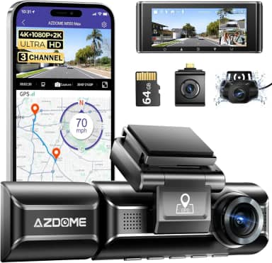AZDOME Câmera veicular M550 PRO 3 canais 4K WiFi, frente dupla e traseira, câmera tripla para carro, cartão de 64 GB, GPS, visão noturna, WDR IPS 3.19, modo de estacionamento Ideal Para Uber/99