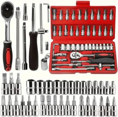 Kit de Ferramentas 46 Peças com Catraca Reversível – Soquetes em Aço Cromo Vanádio + Maleta Compacta | Alta Resistência e Versatilidade para Carro, Moto e Casa