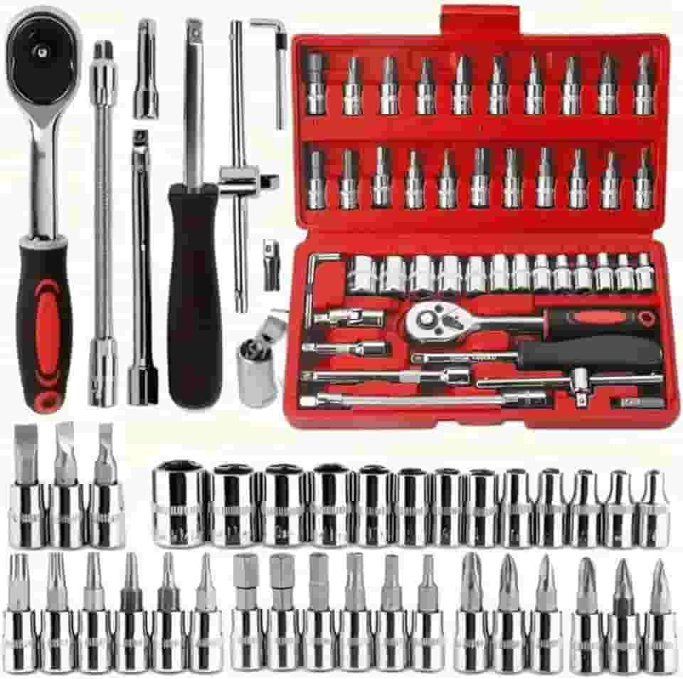 Kit de Ferramentas 46 Peças com Catraca Reversível – Soquetes em Aço Cromo Vanádio + Maleta Compacta | Alta Resistência e Versatilidade para Carro, Moto e Casa