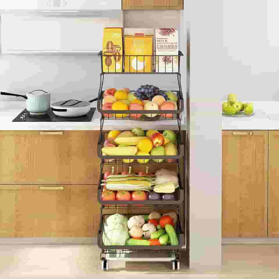 Fruteira de Chão para Cozinha, Carrinho Organizador de Cozinha de 5 Níveis com Rodas de Bloqueio, Ideal para Cebolas, Batatas, Carrinhos Organizadores