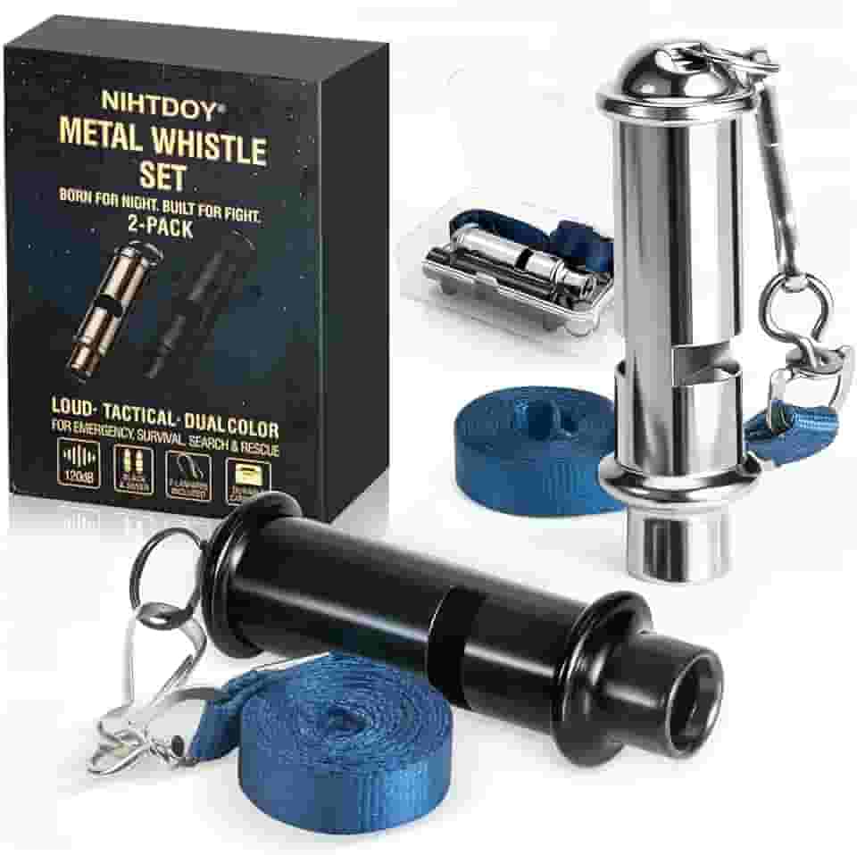 Nihtdoy Apitos duplos de emergência (pacote com 2) – Apitos de sobrevivência de 120 dB para caminhadas, acampamento e resgate – Leve, durável, um prateado e um preto