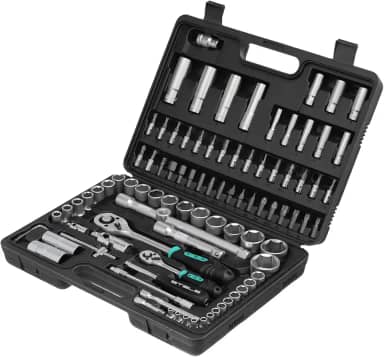 STELS Jogo De Soquetes 94 Peças Encaixe 1/4 E 1/2 Pol Em Aço Cromo Vanádio Com Catraca Reversível Emborrachada Extensões Chaves Allen E Bits Kit Completo Para Reparos Automotivos E Manutenção