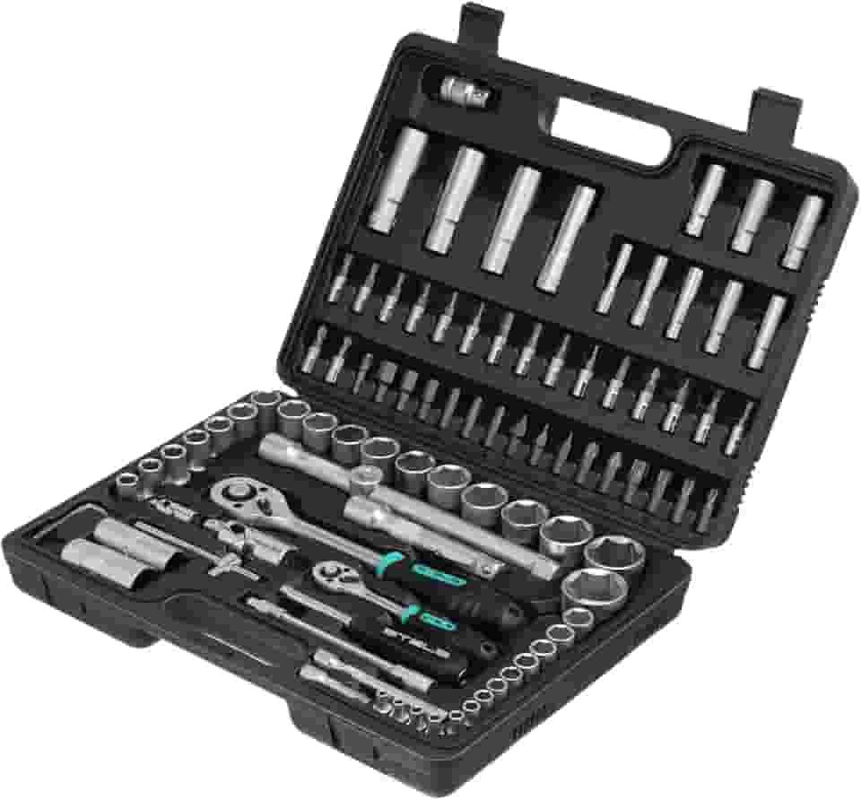 STELS Jogo De Soquetes 94 Peças Encaixe 1/4 E 1/2 Pol Em Aço Cromo Vanádio Com Catraca Reversível Emborrachada Extensões Chaves Allen E Bits Kit Completo Para Reparos Automotivos E Manutenção