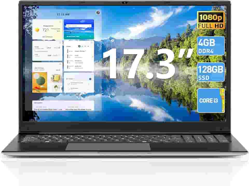 SGIN Laptop de 17,3 polegadas, laptops Windows 11 com processador Celeron I3, SSD DDR3 de 4 GB de 128 GB, bateria de 60800 mWh, tela IPS FHD, Tipo-C, HDMI, WiFi 5G, BT4.2, para negócios e estudantes
