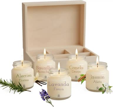 Kit 5 Velas Aromáticas Perfumadas | 50g cada - Alecrim, Baunilha, Lavanda, Jasmim, Canela - Fragrância Extendida - Cera de Coco e Soja