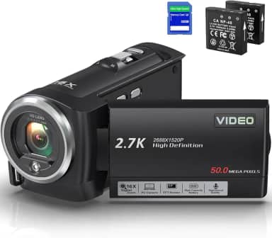 Filmadora 2.7K 50MP Full HD,Câmera de vídeo para Vlogging no YouTube, com Zoom Digital 16X, Função Webcam, Tela Giratória de 270°, Cartão SD de 32GB,2 Baterias,Gravação Contínua