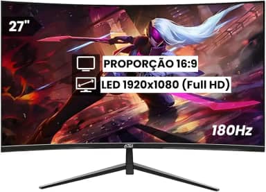Monitor Curvo Gamer 27" 180Hz 1ms Full HD Freesync G-Sync com Conexões HDMI, DisplayPort e Suporte VESA 100x100mm
