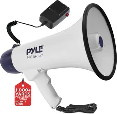 Pyle Alto-falante Megafone PA portátil compacto – Bullhorn portátil de 40 W com lanterna de LED, sirene de alarme, volume ajustável, microfone destacável, alimentado por bateria para uso interno e