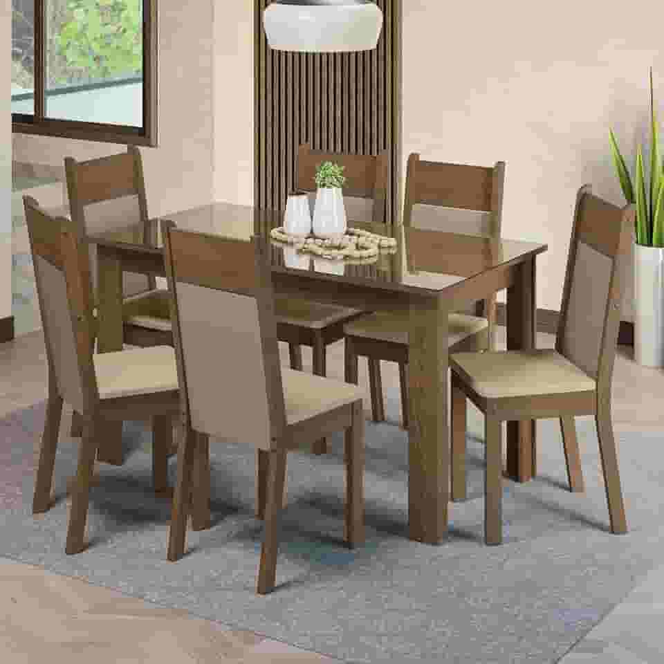 Conjunto Sala de Jantar Mesa Tampo de Vidro 6 Cadeiras Rustic/crema/bege Dora Madesa