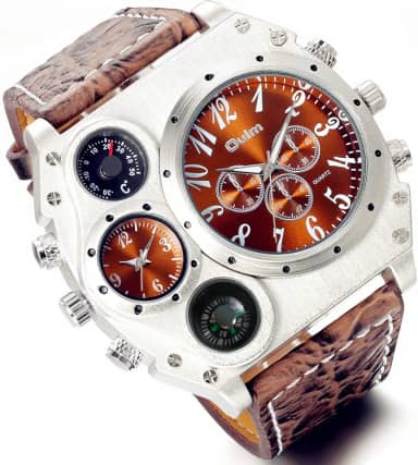 Relógio masculino Steampunk tamanho grande, fuso horário duplo, quatro mostradores, relógios de couro macio, pulseira de couro macio, bússola militar, termômetro, mostrador decorativo, relógio de pulso legal
