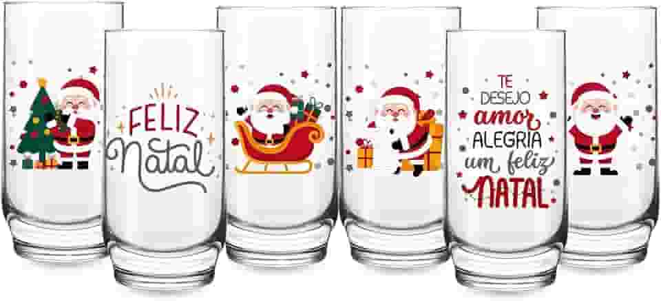 Jogo 6 Copos Altos 300ml Vidro Especial Frase Feliz Natal Mesa Posta Decorativa Agua Suco