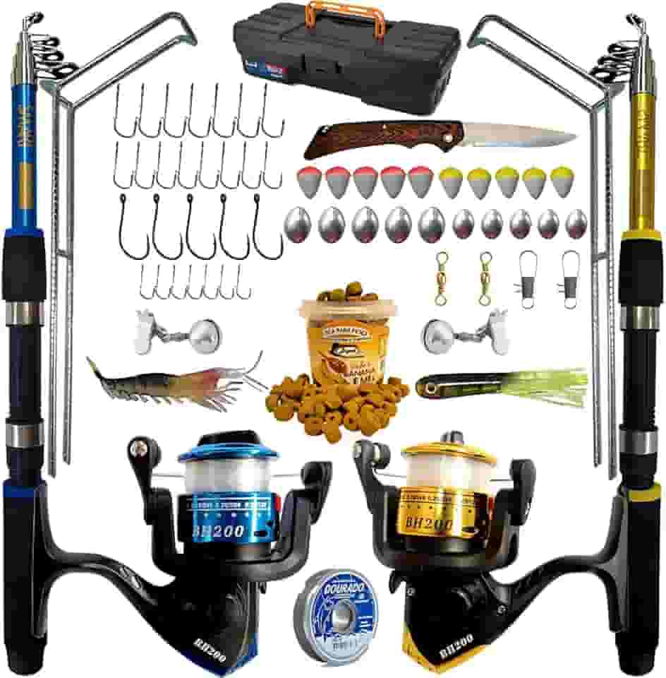 Kit de Pesca Completo, 2 Varas Telescópicas 1,5-1,8m, 2 Molinetes, Maleta e Acessórios, Azul/Amarelo