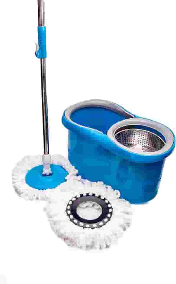 Mop Esfregão Giratório de Limpeza Inox com Rodinha e Refil Azul
