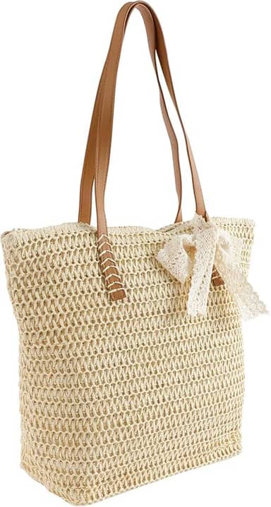Bolsas de praia de palha para mulheres, bolsa de ombro de palha casual de verão com zíper de grande capacidade para férias