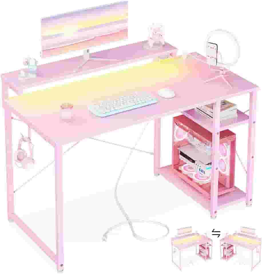 MOTPK Mesa de jogos rosa com luzes LED e tomada, pequena mesa de computador para jogos de 101 cm com prateleiras, mesa reversível para jogadores com suporte ajustável para monitor e gancho para fone