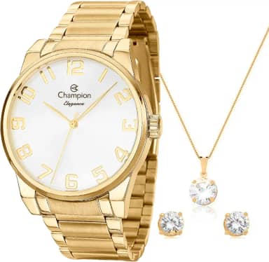 Relógio Feminino Dourado Champion Elegance CN27652W Prova D Agua + Colar e Brincos