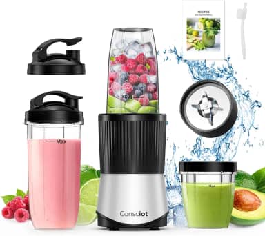Consciot CB08 Liquidificador de 11 peças para cozinha e tamanho pessoal, batidos e vitaminas, bebidas congeladas, alimentos para bebê, pastas e muito mais, 3 copos portáteis para viagem, 2 tampas de