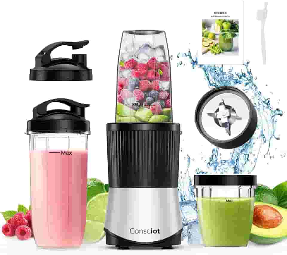 Consciot CB08 Liquidificador de 11 peças para cozinha e tamanho pessoal, batidos e vitaminas, bebidas congeladas, alimentos para bebê, pastas e muito mais, 3 copos portáteis para viagem, 2 tampas de
